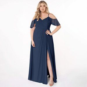 AZAZIE DAKOTA A-Line V-Neck Pleated Chiffon Floor-Length Dress Dark Navy